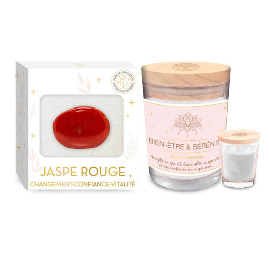 Coffret Bien Être - Bougie Et Pierre De Lithothérapie Jaspe Rouge