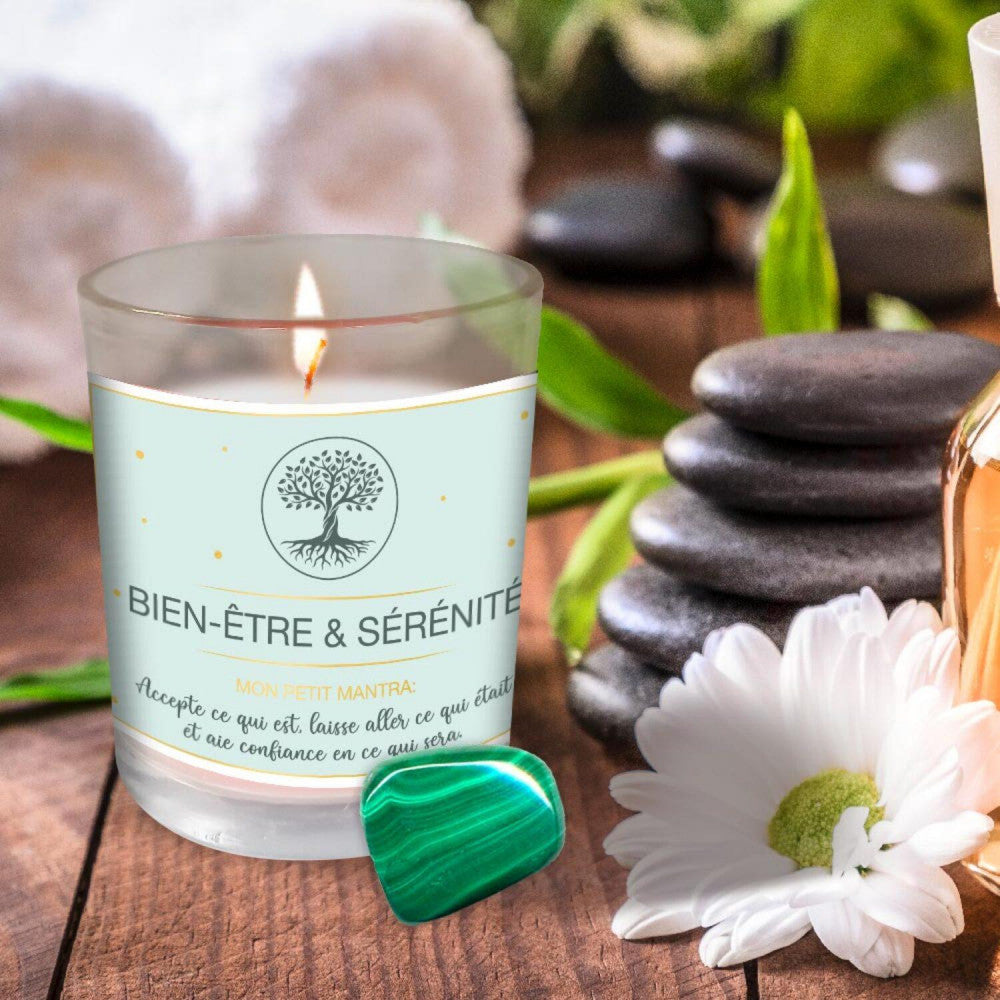 Coffret Bien Être - Bougie Et Pierre De Lithothérapie Malachite