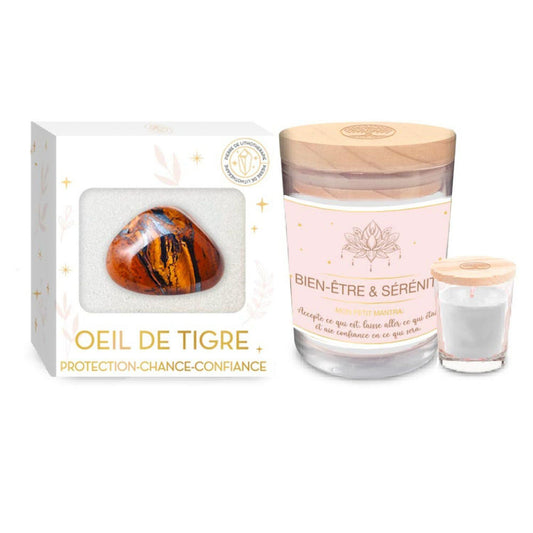 Coffret Bien Être - Bougie Et Pierre De Lithothérapie Oeil De Tigre