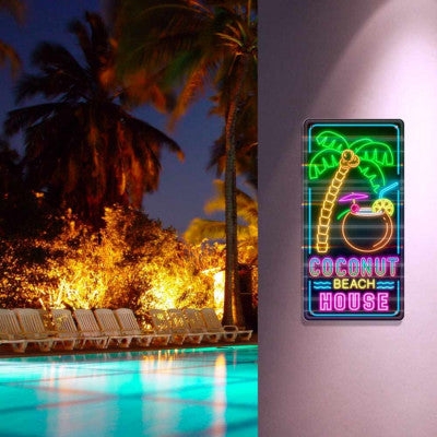 Plaque Déco Effet Néon - Coconut Beach House - 15 X 30 Cm