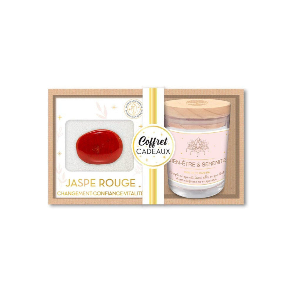  Coffret Bien Être - Bougie Et Pierre De Lithothérapie Jaspe Rouge