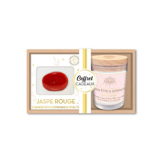  Coffret Bien Être - Bougie Et Pierre De Lithothérapie Jaspe Rouge