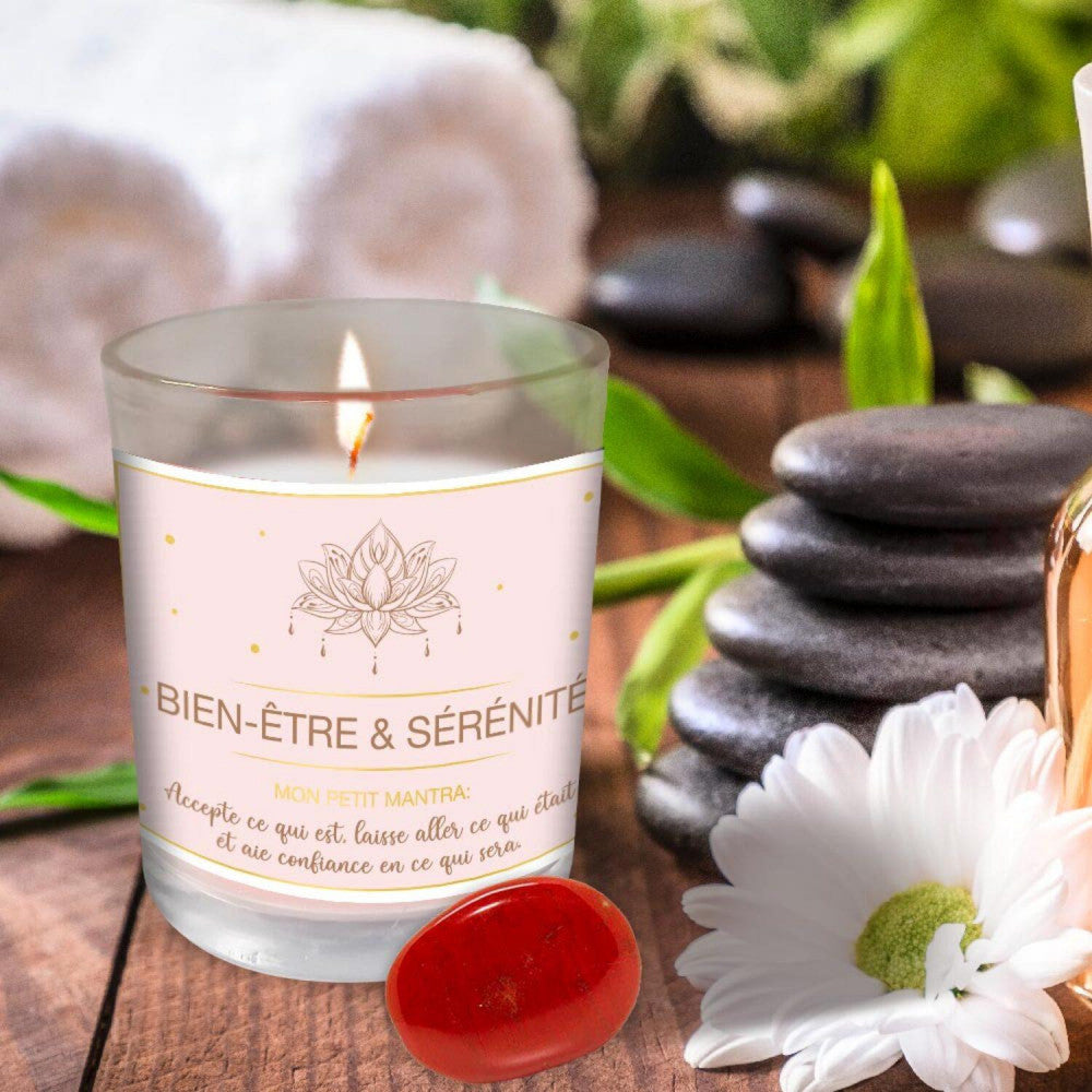  Coffret Bien Être - Bougie Et Pierre De Lithothérapie Jaspe Rouge
