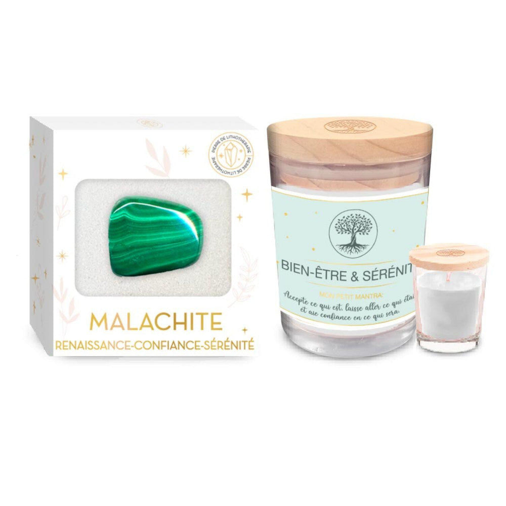  Coffret Bien Être - Bougie Et Pierre De Lithothérapie Malachite