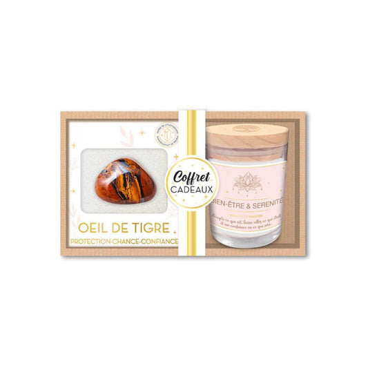  Coffret Bien Être - Bougie Et Pierre De Lithothérapie Oeil De Tigre