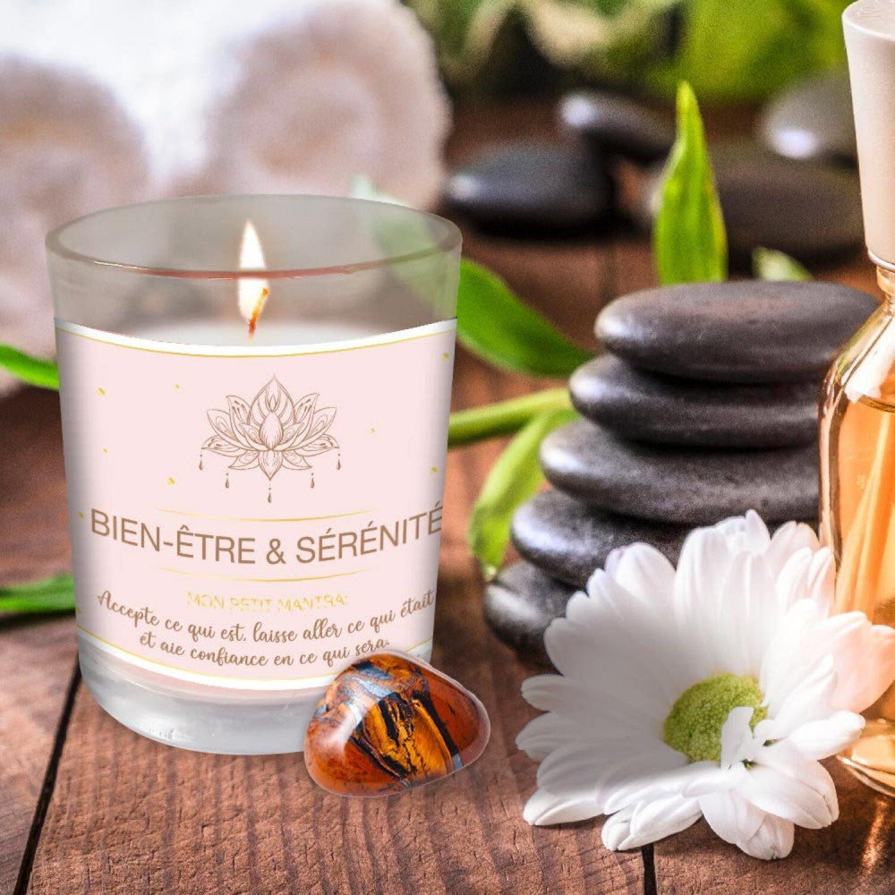  Coffret Bien Être - Bougie Et Pierre De Lithothérapie Oeil De Tigre