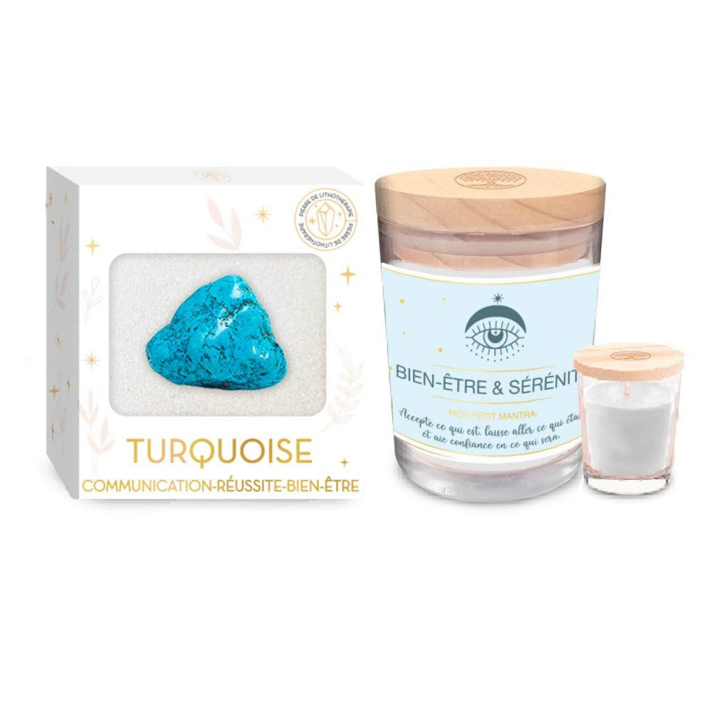  Coffret Bien Être - Bougie Et Pierre De Lithothérapie Turquoise