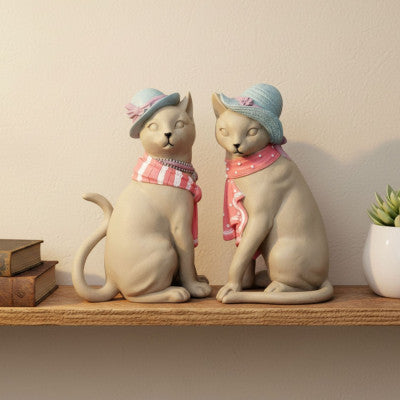 Duo Statuettes Chats British - Figurines Résine 17cm