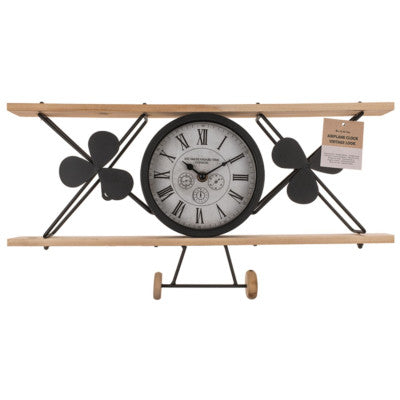  Horloge Murale Avion - Métal Et Bois - 47 X 24 Cm
