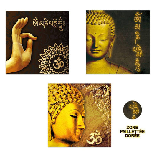  Lot De Trois Toiles Bouddha Doré