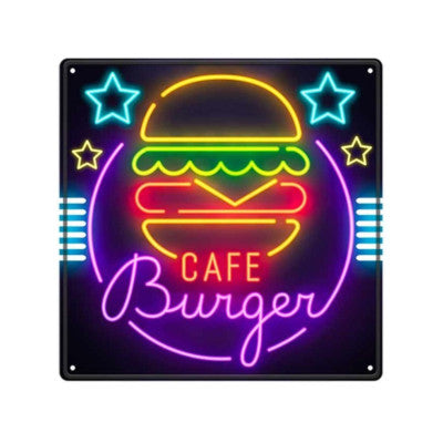  Plaque Déco Effet Néon - Café Burger - 30 X 30 Cm