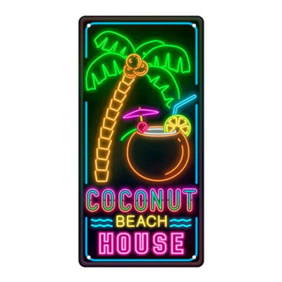  Plaque Déco Effet Néon - Coconut Beach House - 15 X 30 Cm