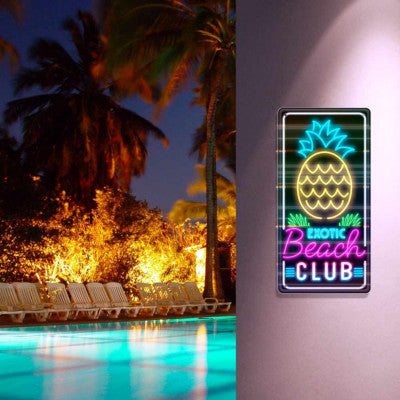  Plaque Déco Effet Néon - Exotic Beach Club - 30 X 15 Cm