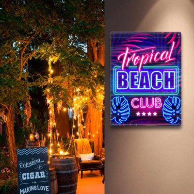  Plaque Déco Effet Néon - Tropical Beach - 40 X 30 Cm