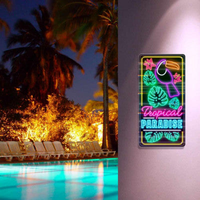 Plaque Déco Effet Néon - Tropical Paradise - 30 X 15 Cm