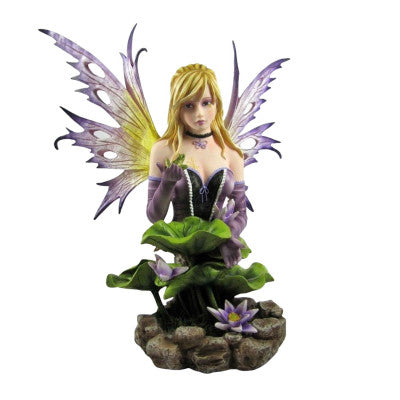  Statuette Fée Violette Nénuphars - Figurine Résine 35 Cm