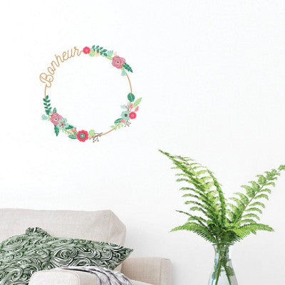  Sticker Mural "Bonheur" Couronne De Fleurs 70x20cm - Décoration Florale Adhésive